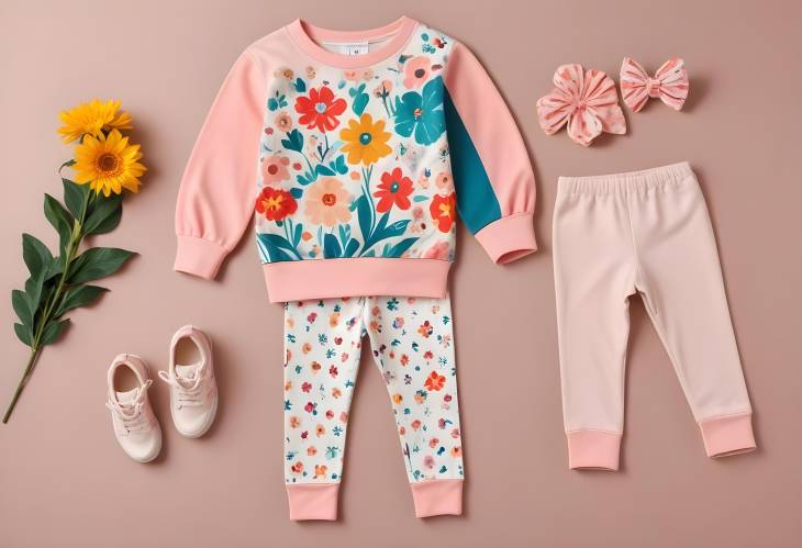 Little Girls Flower Pattern Knit Sweater and Colorblock Leggings Set with TShirt on Colored Backg