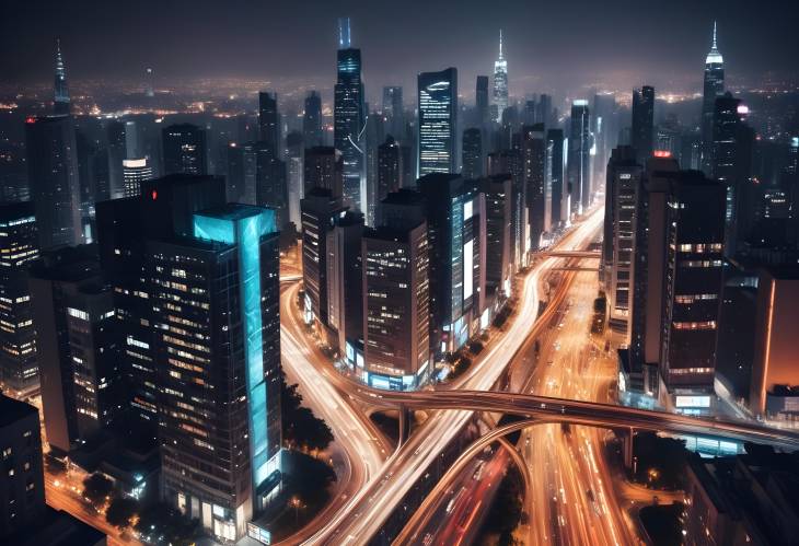 Lively Urban Energy Nighttime Cityscape with Blurred Traffic Lights and Skyscrapers