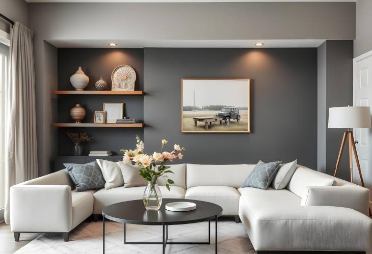 Living room with stylish sofa, decor on shelves, flowers on table, and picture on grey wall