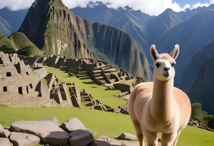 Llama and Machu Picchu Stunning Andean Views Near Cusco, Peru, South America