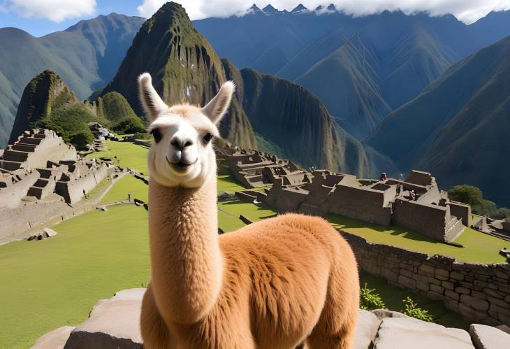 Llama with Machu Picchu Breathtaking Andes Views Near Cusco, Peru, South America