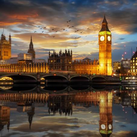 London Big Ben and Westminster Palace by the Thames at Sunset