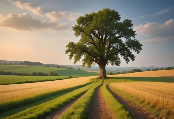 Lonely Tree in Vast Countryside Field  Serene Rural Landscape