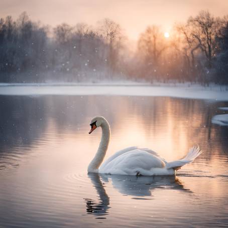 Lonely White Swan in Snowy Winter Lake at Sunrise Serene Nature Photography