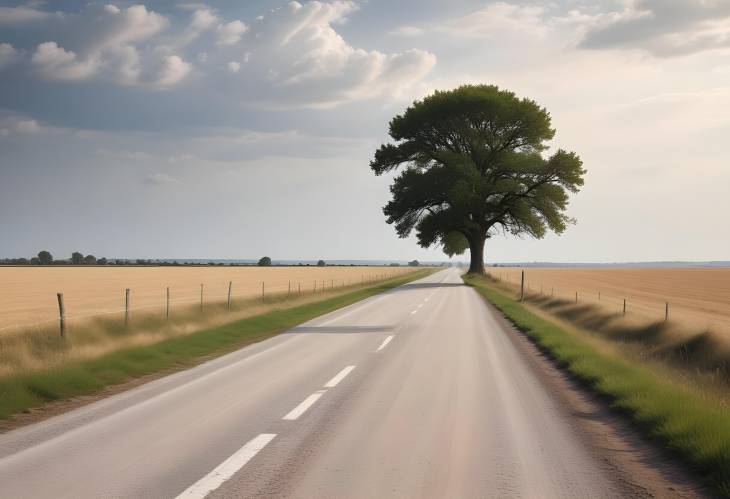 Long and Empty Country Road with White Lines and Lone Tree on the Horizon