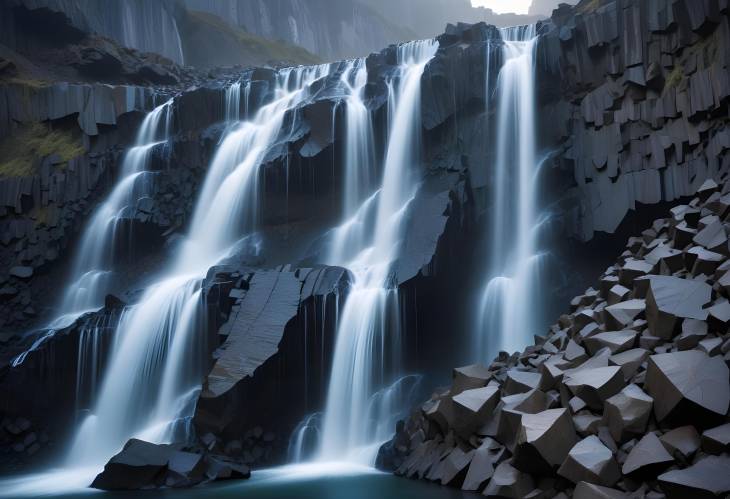 Long Exposure of Basaltic Prisms Waterfall Pleistocene Eras Geometric Splendor