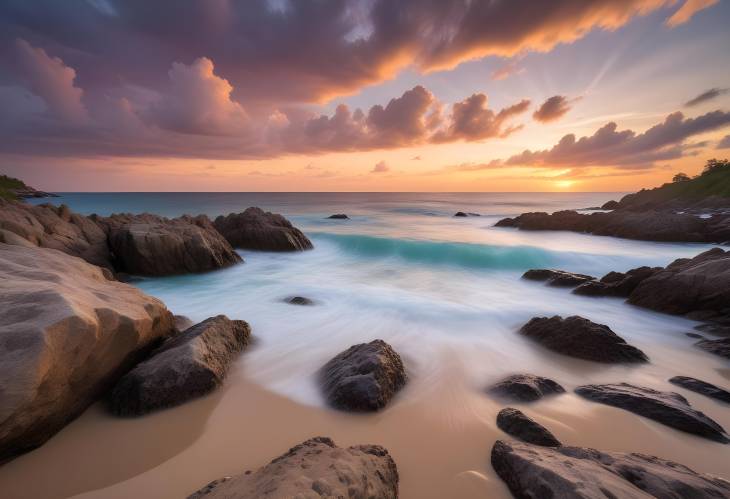 Long Exposure Sunset at Punta Zicaleta Beach Rocks, Turquoise Waters, and Cloudy Skies