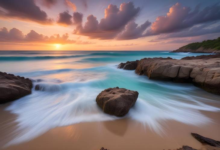 Long Exposure Sunset at Punta Zicaleta Beach Rocks, Turquoise Waters, and Cloudy Sky