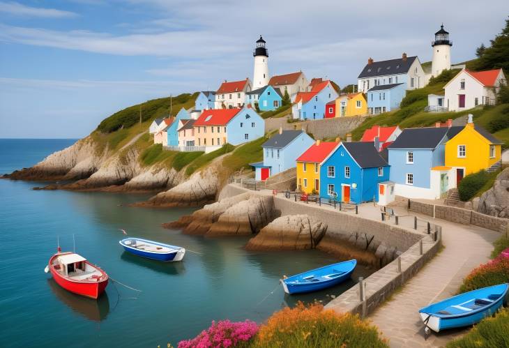 Lovely Coastal Hamlet with Vibrant Cottages, Docked Fishing Boats, and a Scenic Lighthouse