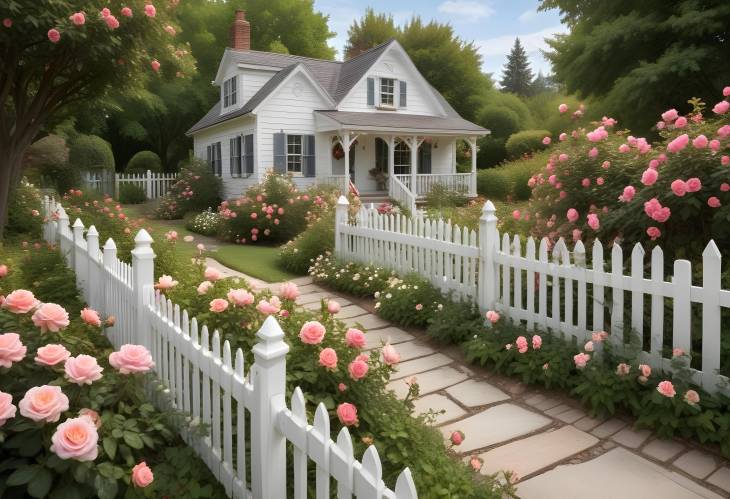 Lovely Cottage Garden with Blooming Roses, Winding Pathways, and a White Fence