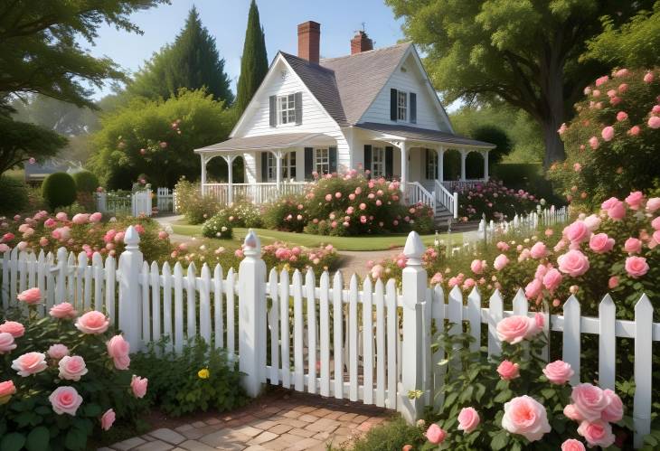 Lovely Cottage Garden with Blooming Roses, Winding Walkways, and a White Picket Fence