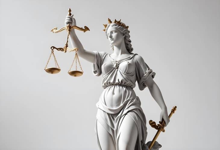 Low Angle View of Isolated Lady Justice Statue on White Background, Symbolizing Legal Fairness