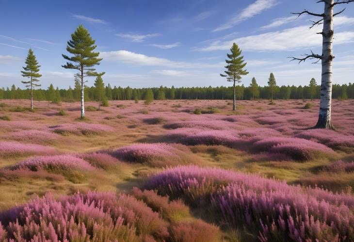 Lueneburg Heath Heather Blooms and Birch Trees in a Blue Sky Landscape, Germany