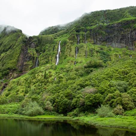 Lush Green Waterfalls and Lake Poco Ribeira do Ferreiro in Azores