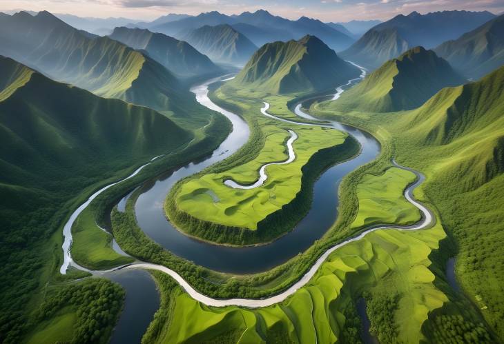 Lush Valley and Winding River Majestic Mountain Aerial View