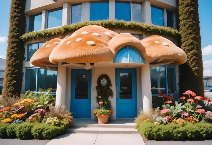 Luxurious and Whimsical Mushroom Office with Cozy Fur Exterior, Adorned with Ornamental Plants