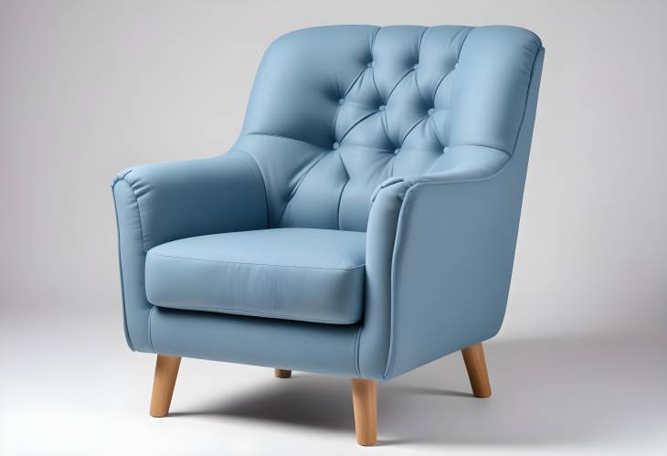 Luxurious Blue Armchair with Wooden Legs  Soft Textile Upholstered Sofa on White Background