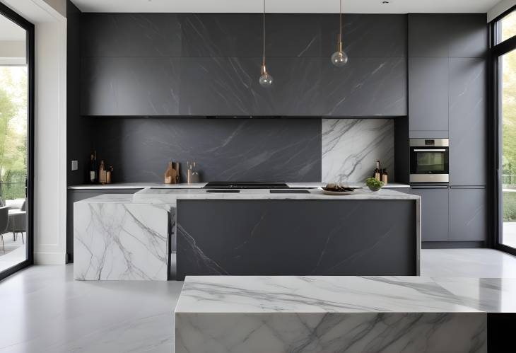 Luxurious European Style Kitchen with Grey Slate and Marble, Featuring Minimalist Design and Decor