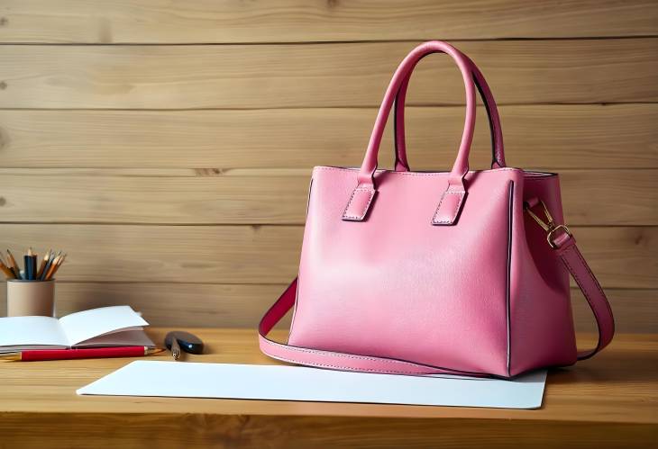 Luxurious Female Pink Bag on Wooden Desk Trendy and Stylish