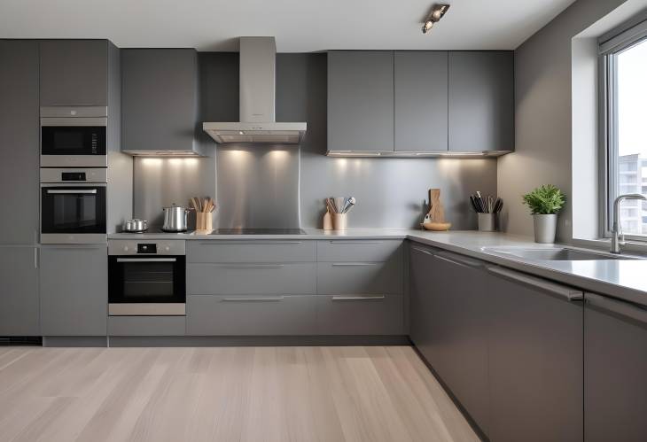 Luxurious Grey Modern Kitchen with High End Stainless Steel Appliances in Contemporary Apartment