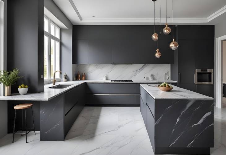 Luxurious Grey Slate and Marble European Style Kitchen with Elegant Minimalist Design