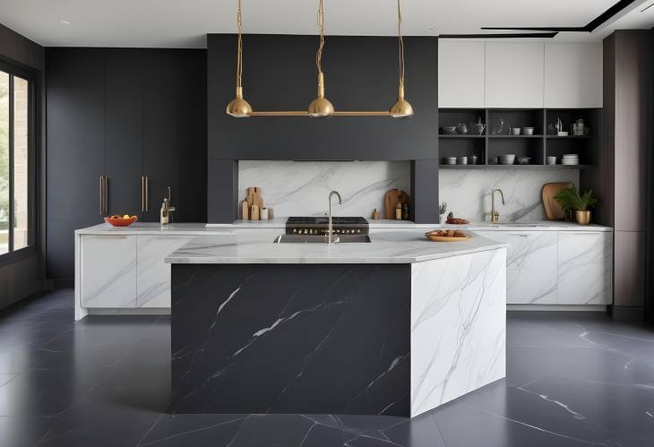 Luxurious Grey Slate and Marble Kitchen with Elegant European Style and Minimalist Interior Design