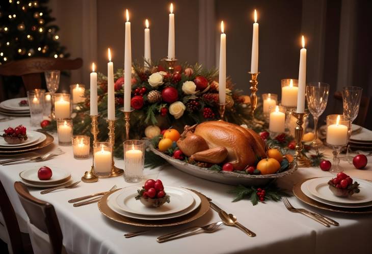 Luxurious Holiday Table with Crystal Glassware, Festive Ornaments, and a Sumptuous Feast