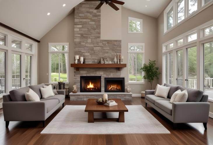 Luxurious Living Room Interior with Hardwood Floors and Roaring Fireplace