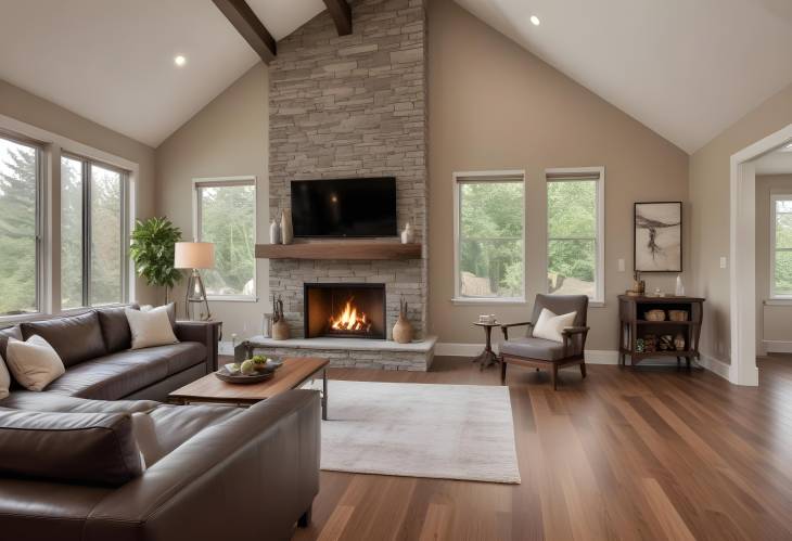 Luxurious Living Room with Hardwood Floors and Roaring Fire in Fireplace