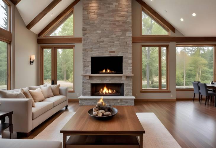 Luxurious Living Room with Hardwood Floors and Warm Fireplace in Modern Home