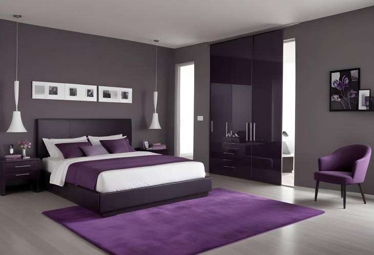 Luxurious Modern Bedroom with Grey and Dark Purple Accents  Elegant and Cozy Design