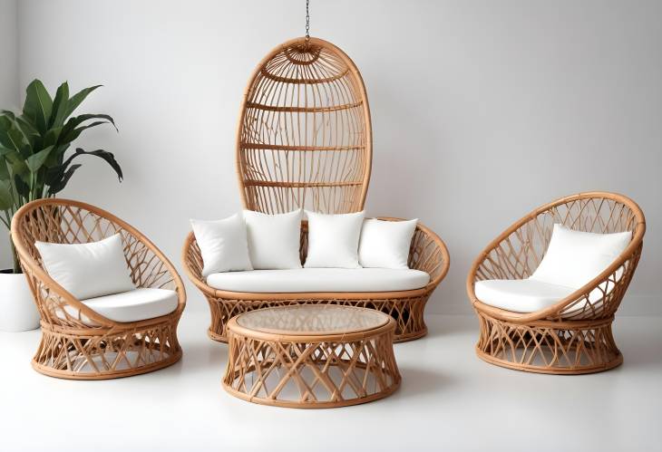 Luxurious Set of Rattan Furniture Isolated on White Background  Ideal for Upscale Home Spaces