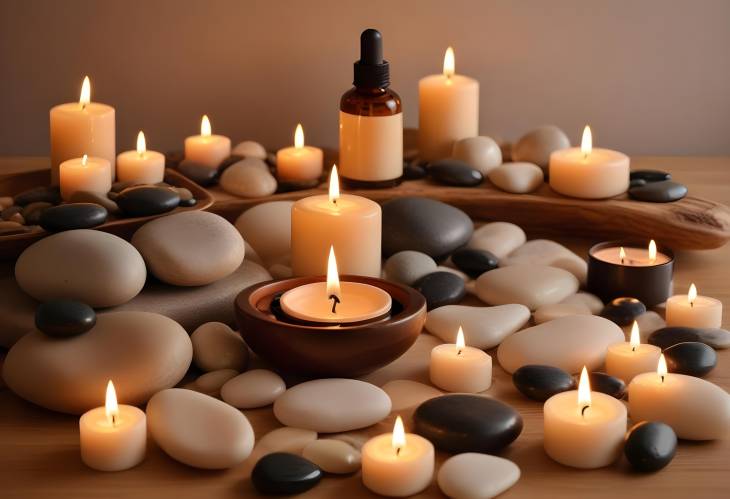 Luxurious Spa Setting with Candles, Smooth Stones, and Essential Oils for a Relaxing Ambiance