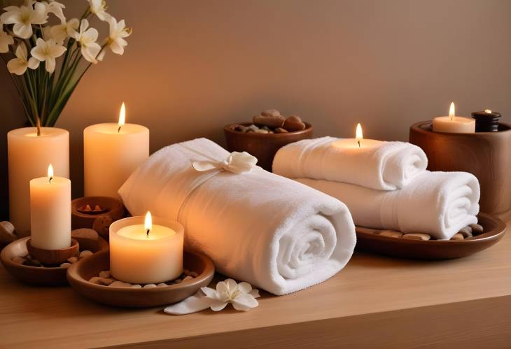 Luxurious Spa Setting with Soft Towels, Aromatherapy Candles, a Relaxing Ambiance for Rejuvenation