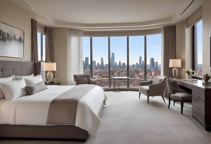 Luxurious Suite with Plush Bedding, Stylish Decor, and City Overlook Views