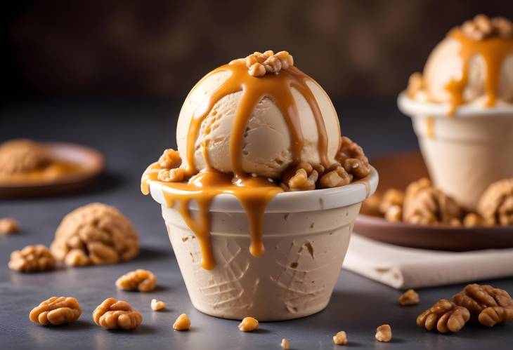 Luxurious Walnut Caramel Ice Cream  Creamy Delight with Rich Caramel and Crunchy Walnuts, Close Up