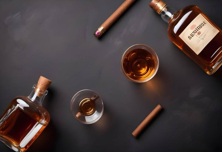 Luxurious Whiskey Experience Scotch, Cigar, and Glasses Flat Lay