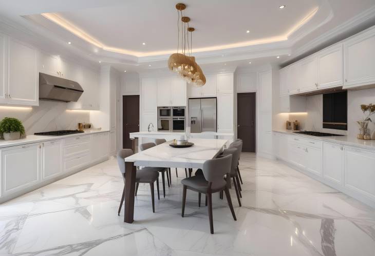 Luxurious White Marble Kitchen in Modern Open Concept Home Dining and Living Areas United in Style