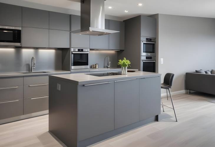 Luxury Grey Kitchen with Stainless Steel Appliances in Modern Apartment Setting