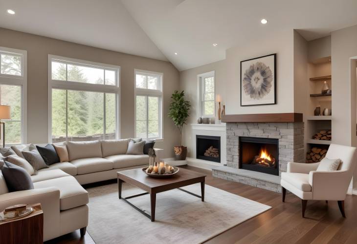 Luxury Living Room with Hardwood Floors and Crackling Fire in the Fireplace