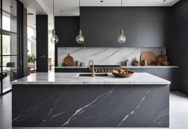 Luxury Modern Kitchen in European Style with Grey Slate and Marble Featuring Minimalist Elegance