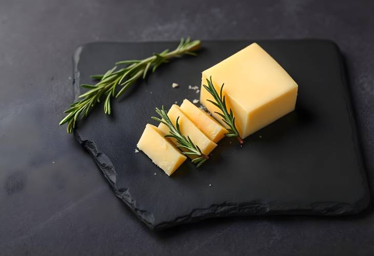 Maasdam Cheese and Rosemary on Slate Board Elegant Serving with Black Background