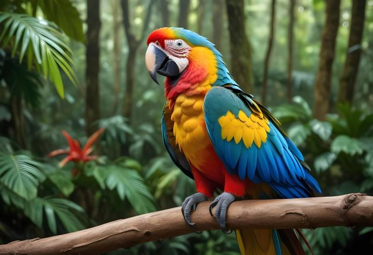 Macaw Parrot in Rainforest CloseUp, Vibrant Feathers Perched on Branch