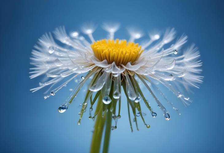 Macro Art of Dandelion Dew Drops with Blue Reflection