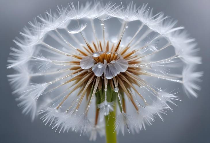 Macro Art of Dewy Dandelion on Elegant Silver Background