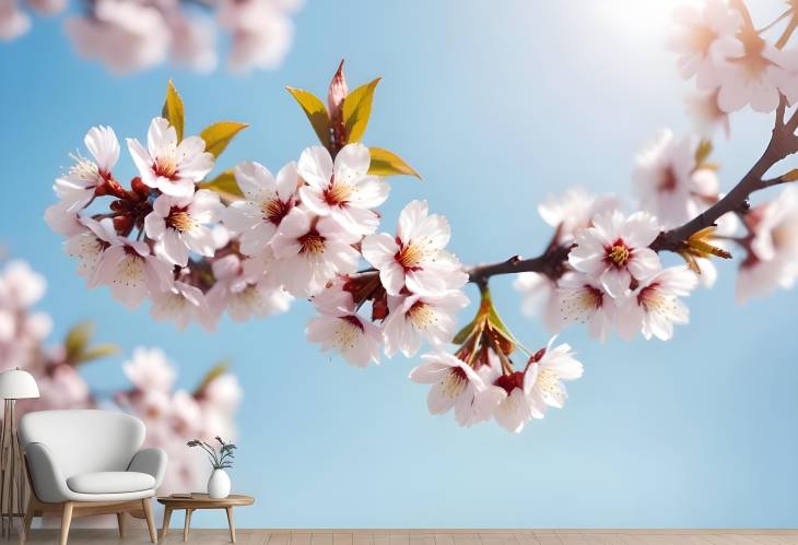 Macro Cherry Blossom Branches with Light Blue Sky and Sunlight