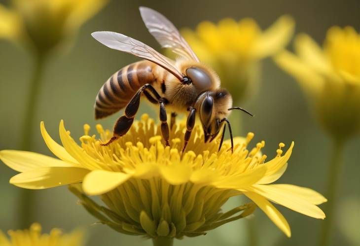 Macro CloseUp of Honeybee on Bright Yellow Bloom