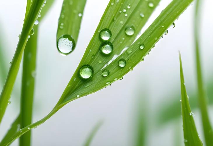 Macro CloseUp of Transparent Dew Drops on Fresh Grass Leaf