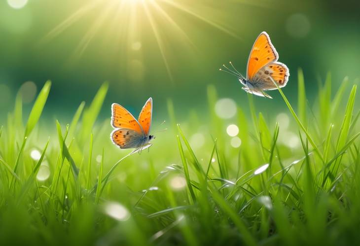 Macro Green Grass with Bokeh and Butterflies in Sunlight