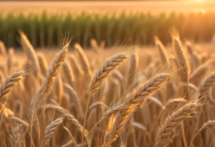 Macro Image of Golden Wheat Ears in Summer Sunset Field